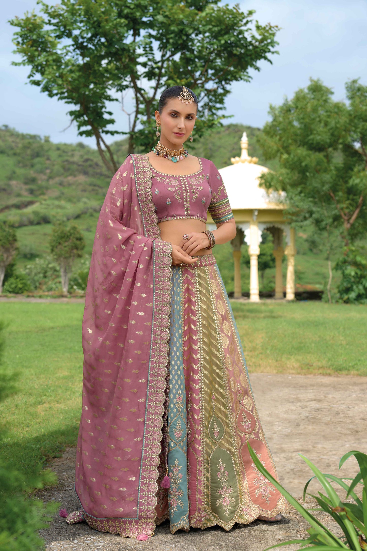 lehenga choli side angle showing cut work details