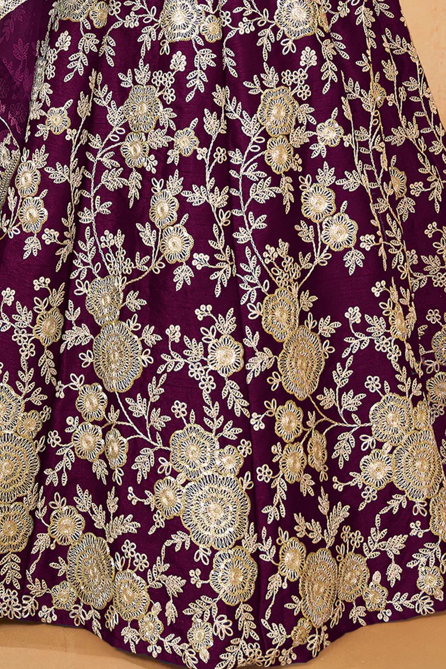 Embroidery detail on silk lehenga fabric