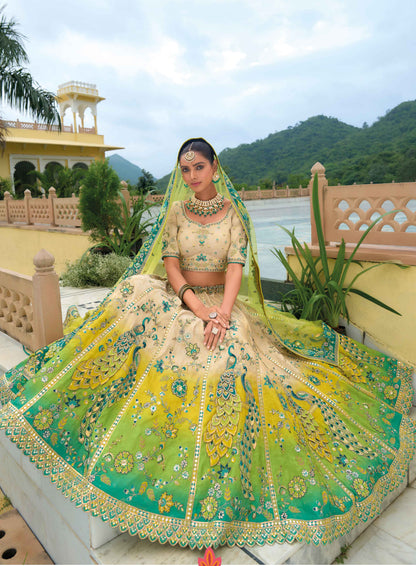 Cream color lehenga with patch work design detail