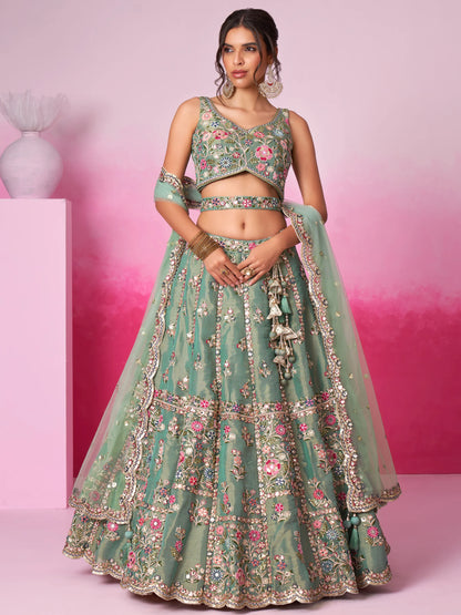 Olive Green lehenga with sequins work bodice detail