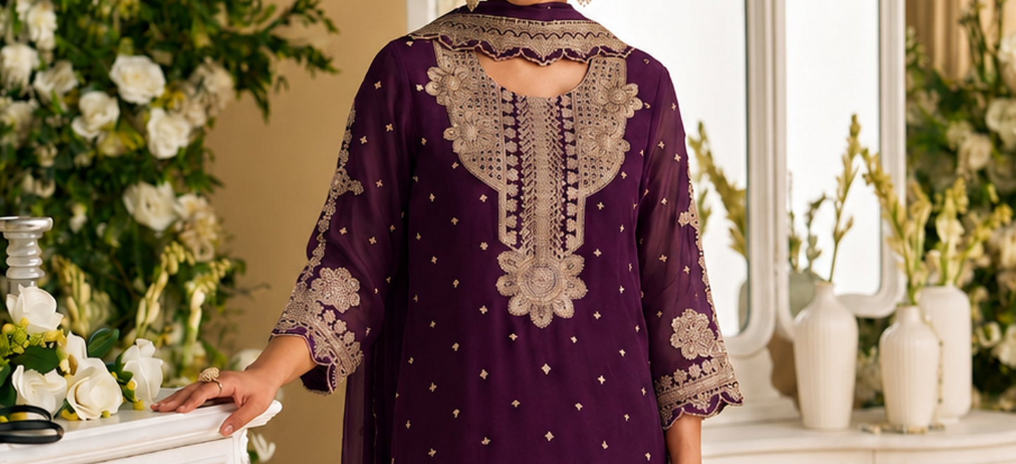 Silk suit for ladies with sequin embroidery and Zarkan Work finish