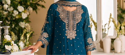Silk women’s salwar suit with heavy embroidered detailing