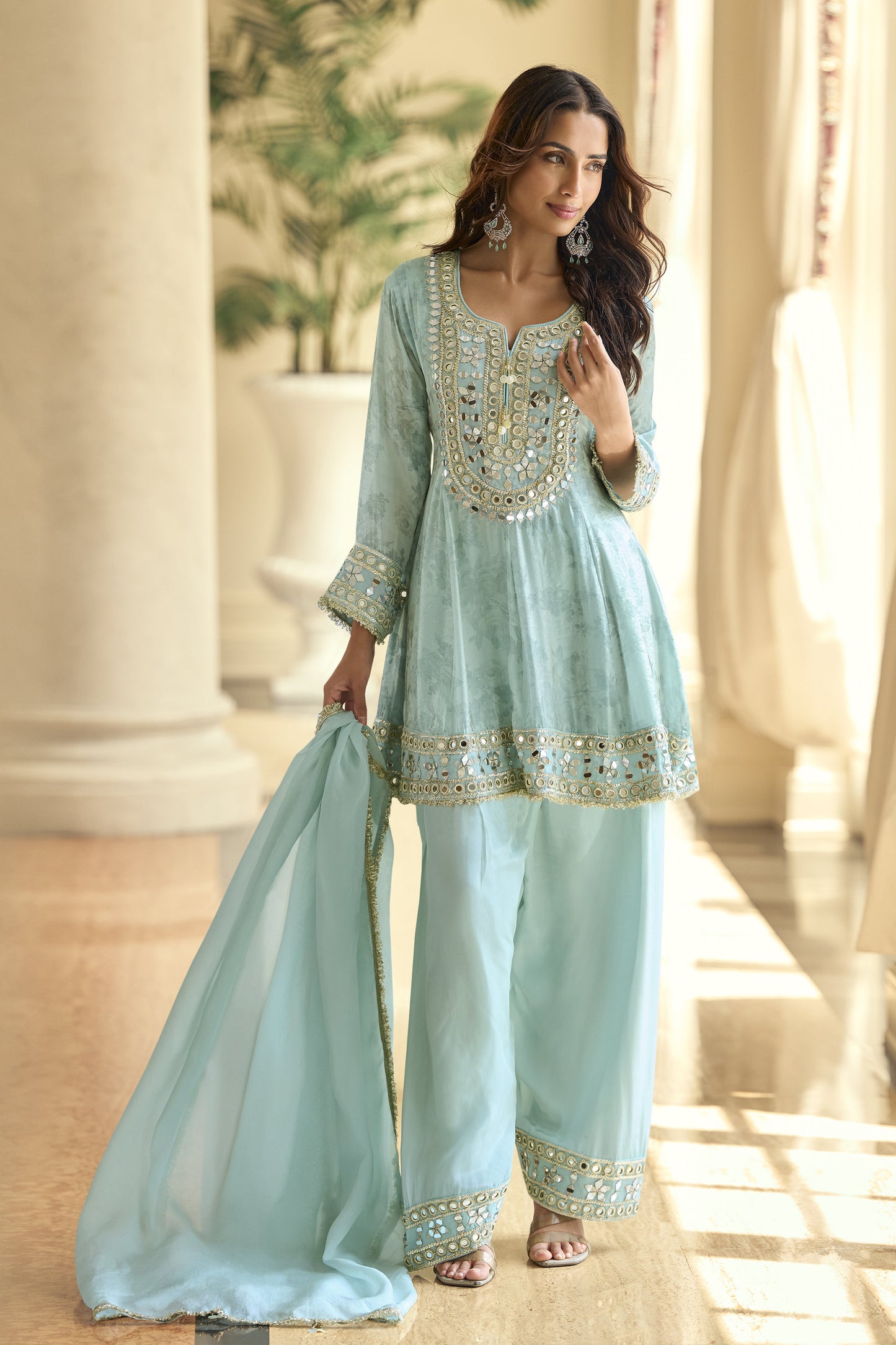 Silk salwar suit mint green kameez with mirror embroidery detail