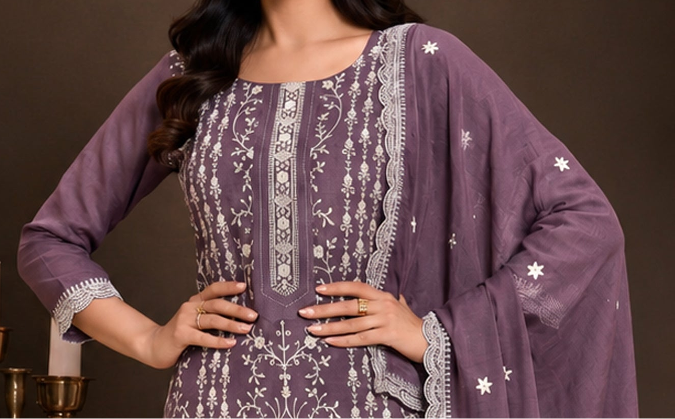 Royal Purple Salwar Kameez styled for wedding guest occasion wear in the USA