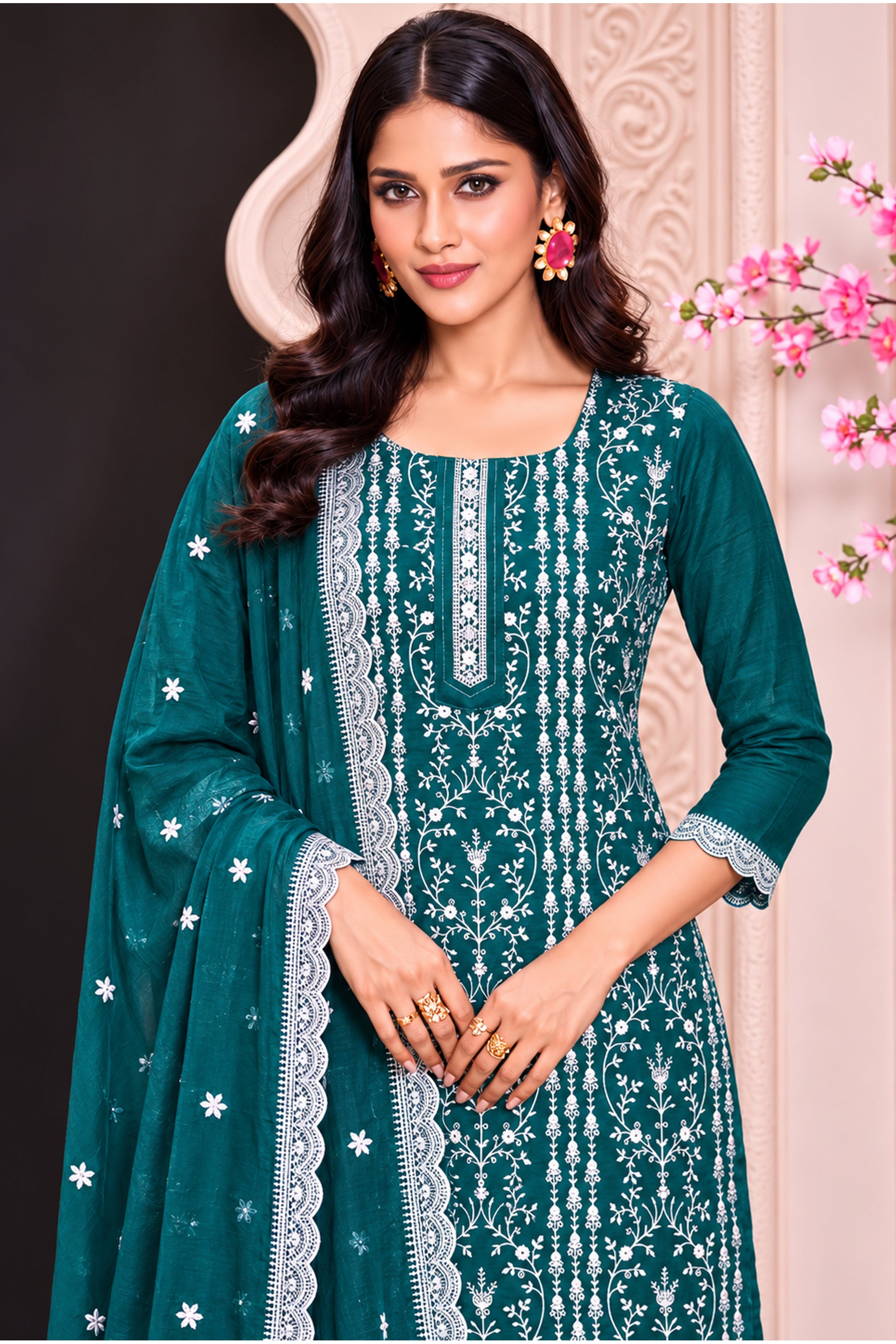 Close-up of Thread Sequin Embroidery Work on Silk salwar kameez