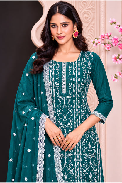 Close-up of Thread Sequin Embroidery Work on Silk salwar kameez