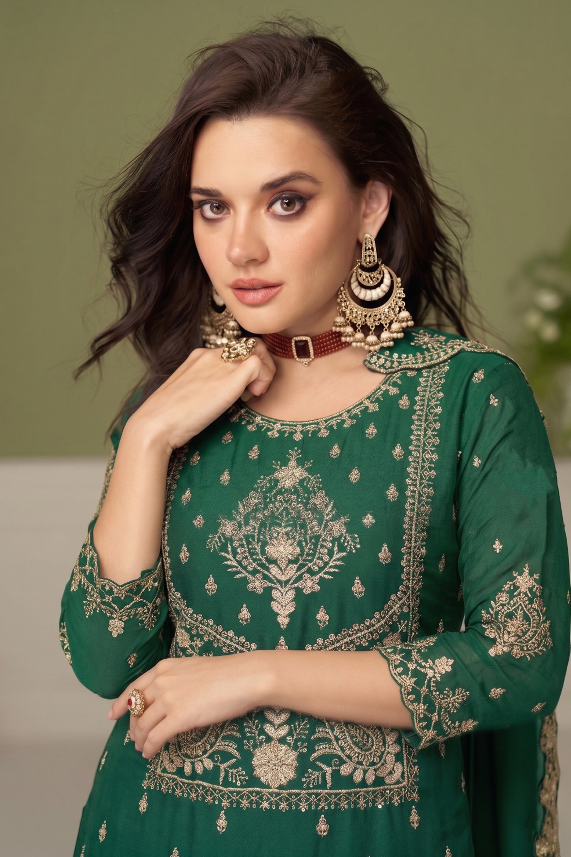 Close view of silk salwar kameez for women with detailed thread sequin embroidery