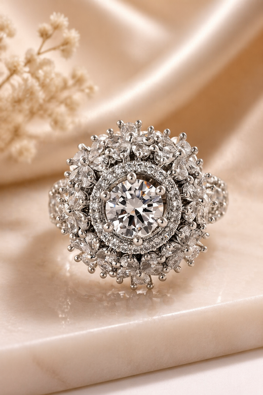 silver diamond cluster statement ring

