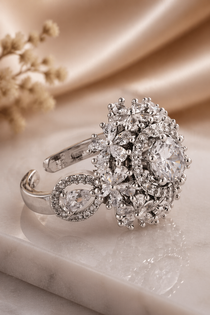 floral design cocktail ring silver finish
