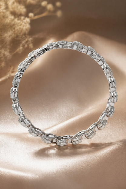 silver tone linked bangle set with textured stones