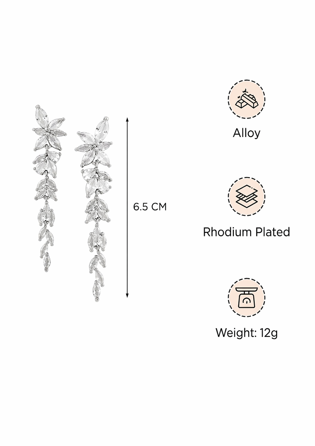 silver crystal leaf cascade drop earrings size 6.5 cm alloy rhodium plated lightweight 12g specification image