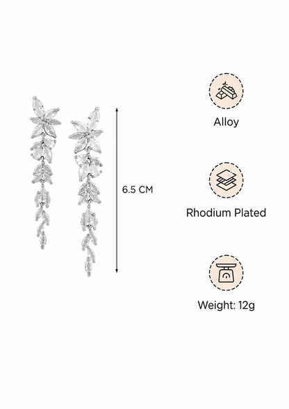 silver crystal leaf cascade drop earrings size 6.5 cm alloy rhodium plated lightweight 12g specification image