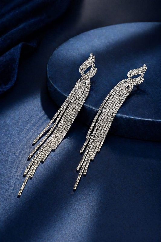 silver crystal tassel earrings long drop
