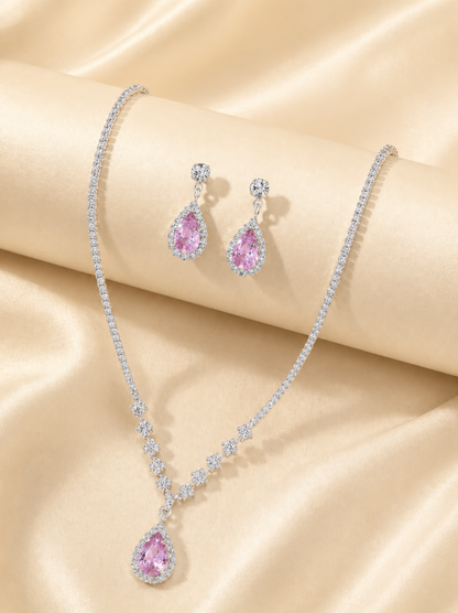 pink pendant necklace styled on neckline