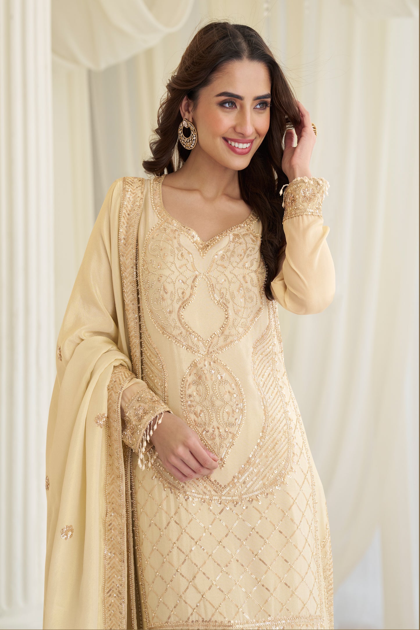 Beige salwar kameez neckline detail view