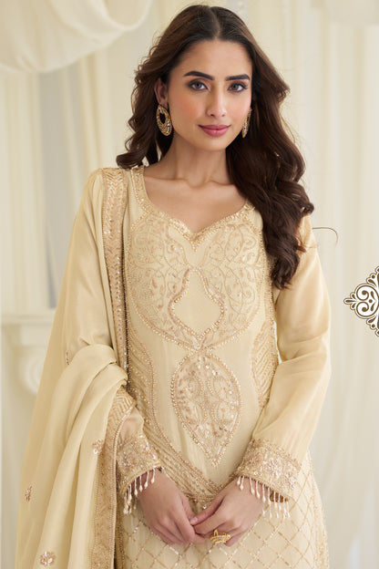 Close up of Simar Silk fabric texture in beige suit