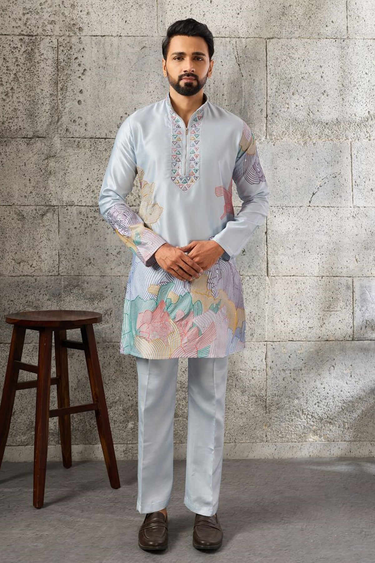 Sky blue boy's night kurta set front view