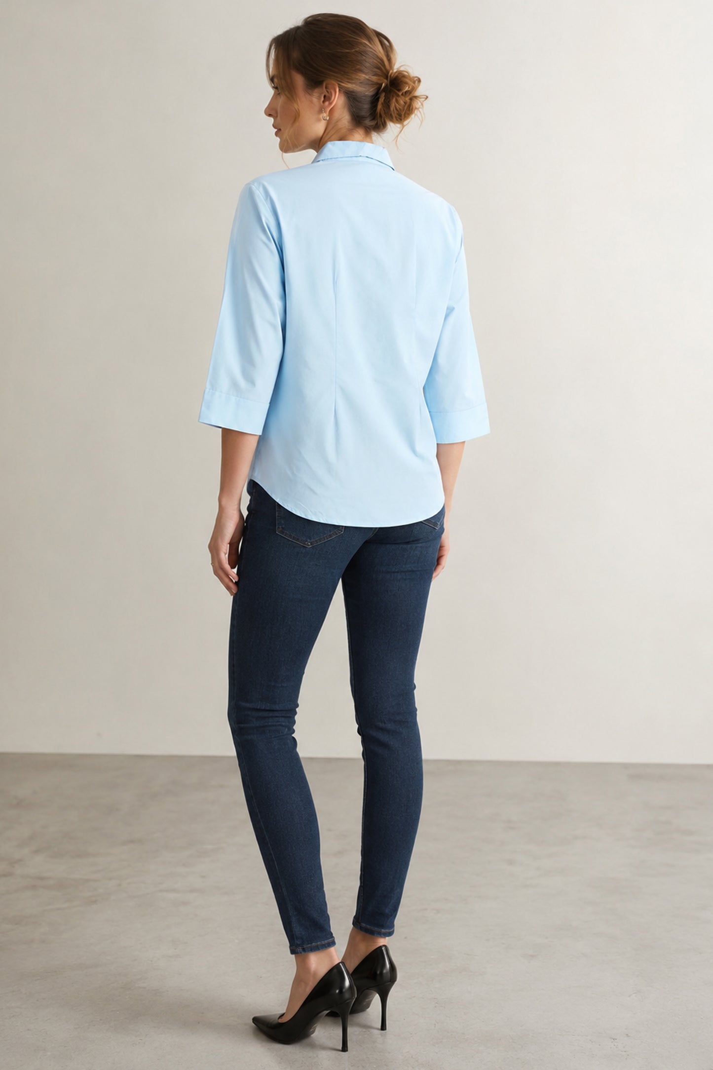 Back view of Sky blue cotton Women's Shirts with three-quarter sleeves