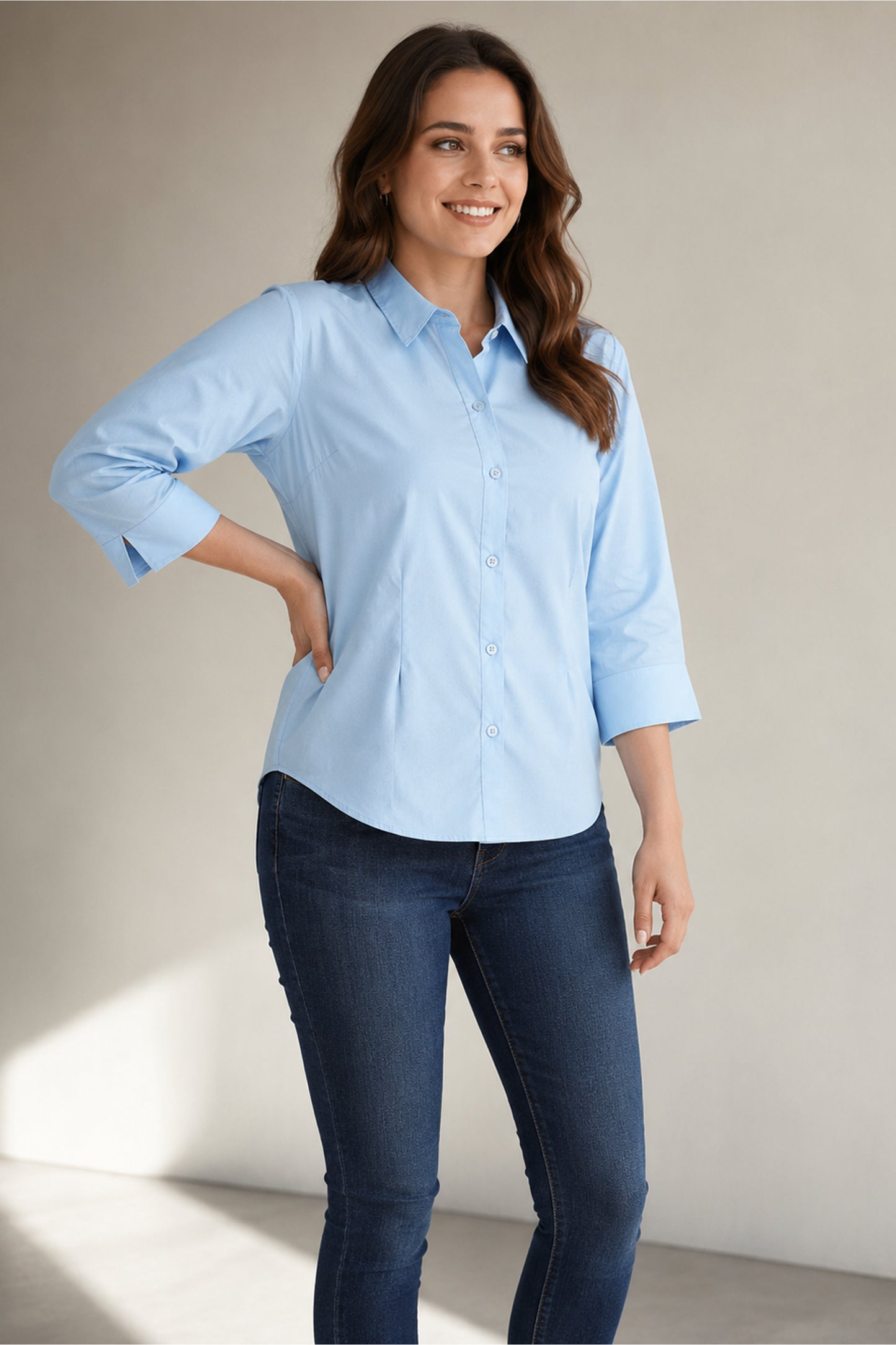 Three-quarter sleeve detail on the Sky blue cotton shirt