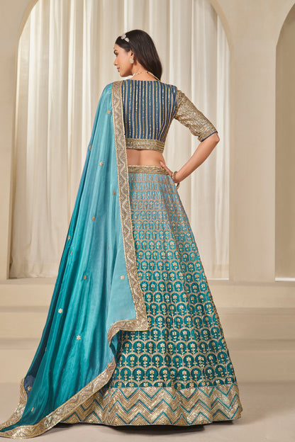 Side angle view of sky blue lehenga choli silhouette