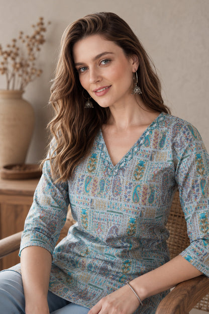 Sky blue Women’s Printed Tunic Top with relaxed silhouette