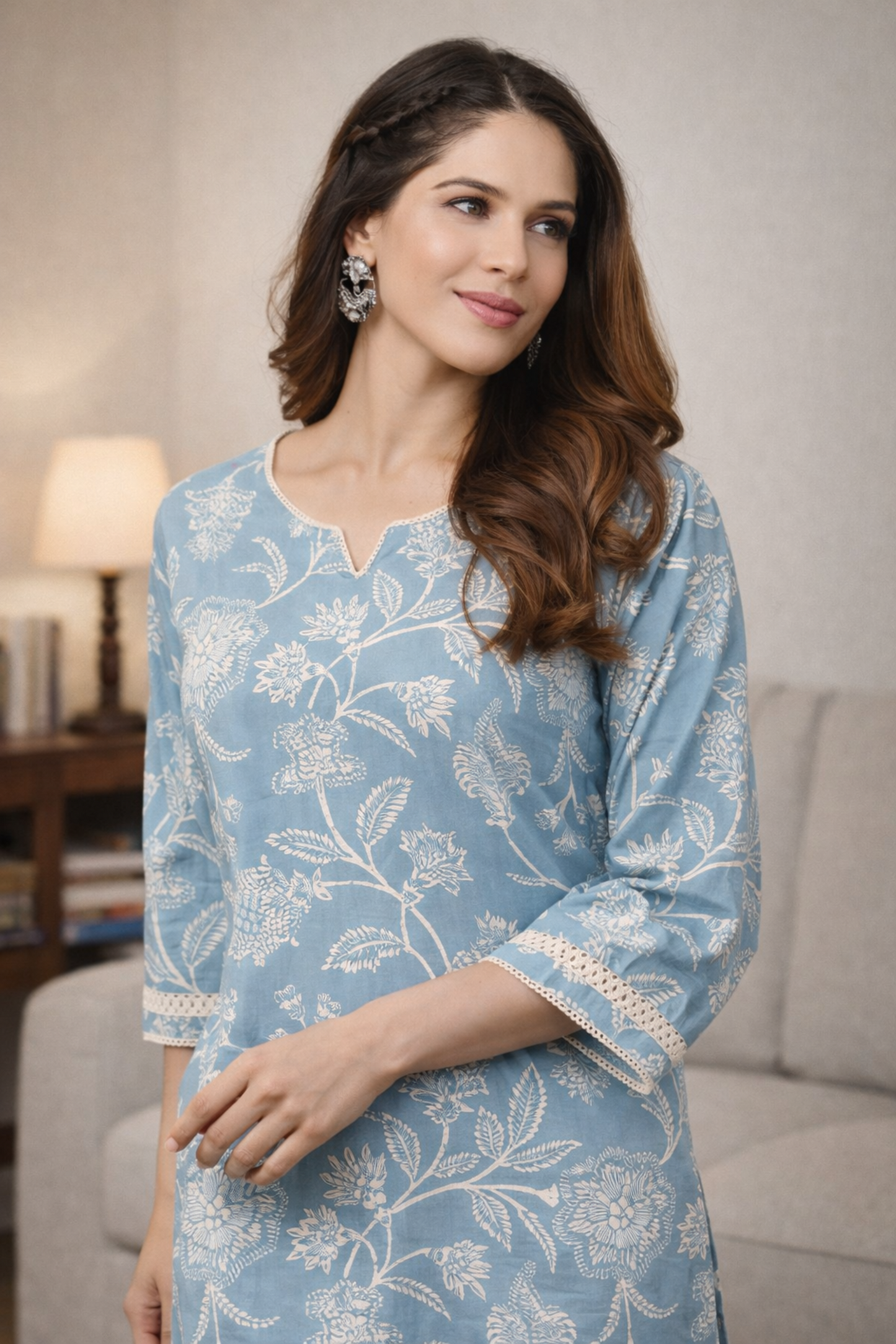 Pure cotton floral top for women close-up texture