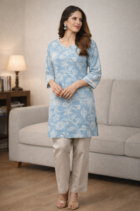 A-line short kurti blue floral print front view