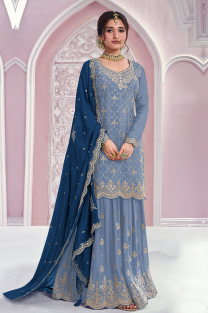 Full outfit view of sky blue embroidered plazzo suit