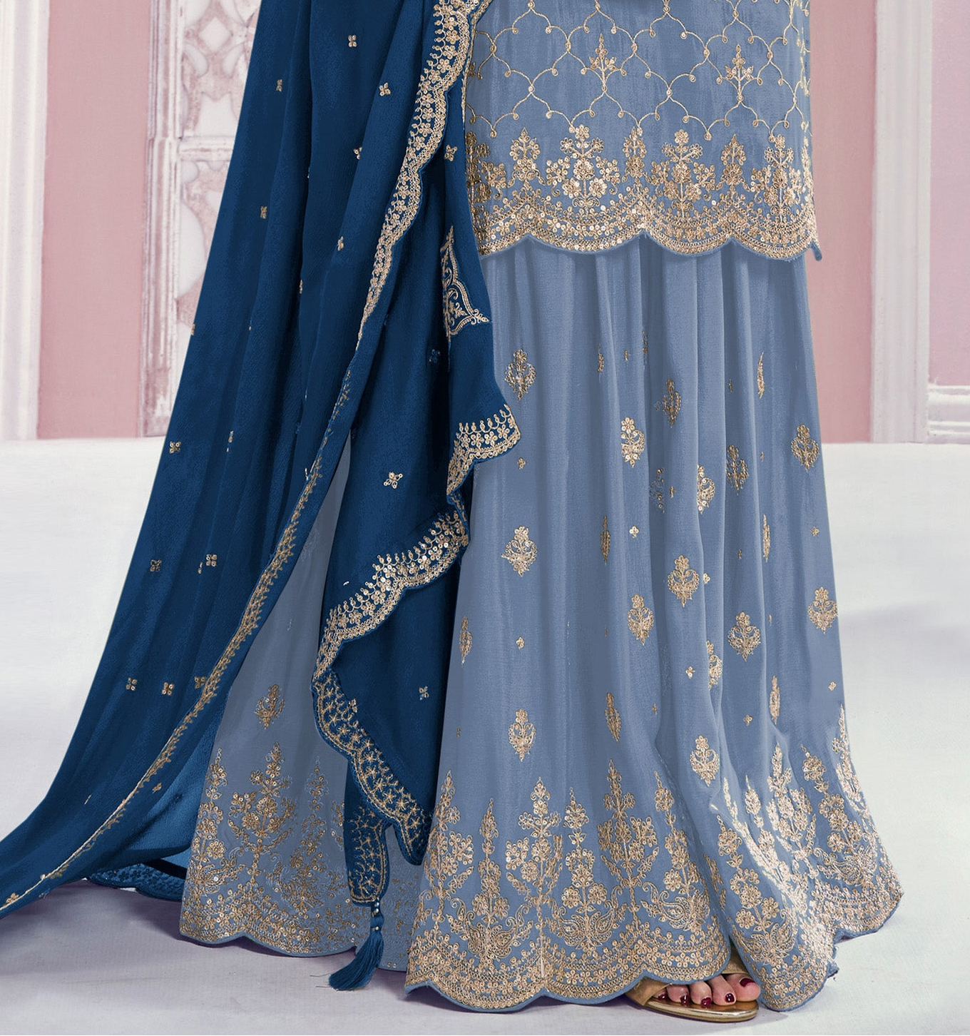 Front view of sky blue kameez palazzo pants with embroidery work