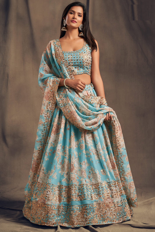 Sky blue lehenga choli full front view with embroidery
