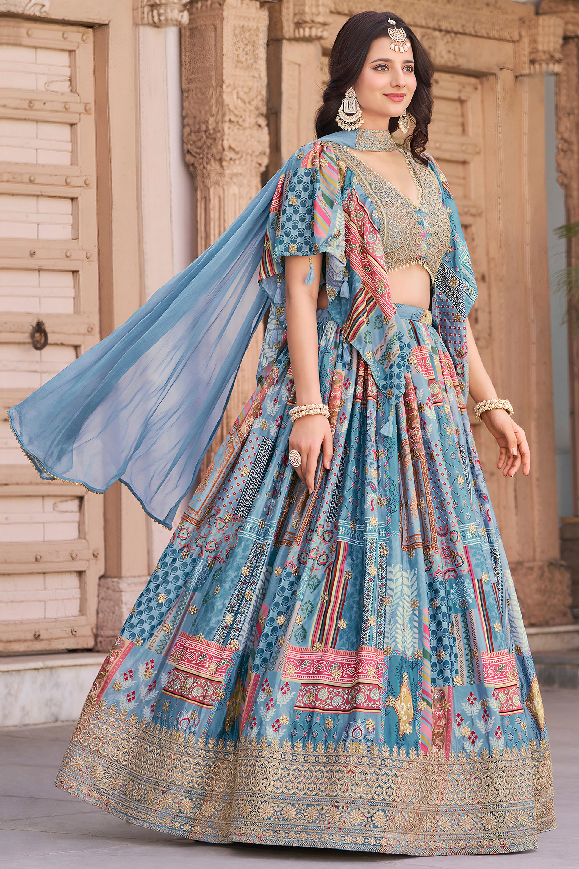 sky blue lehenga choli online front view with embroidery