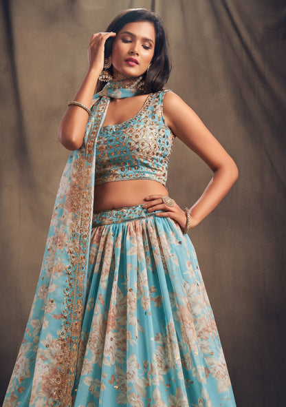 Engagement outfit sky blue lehenga choli styling