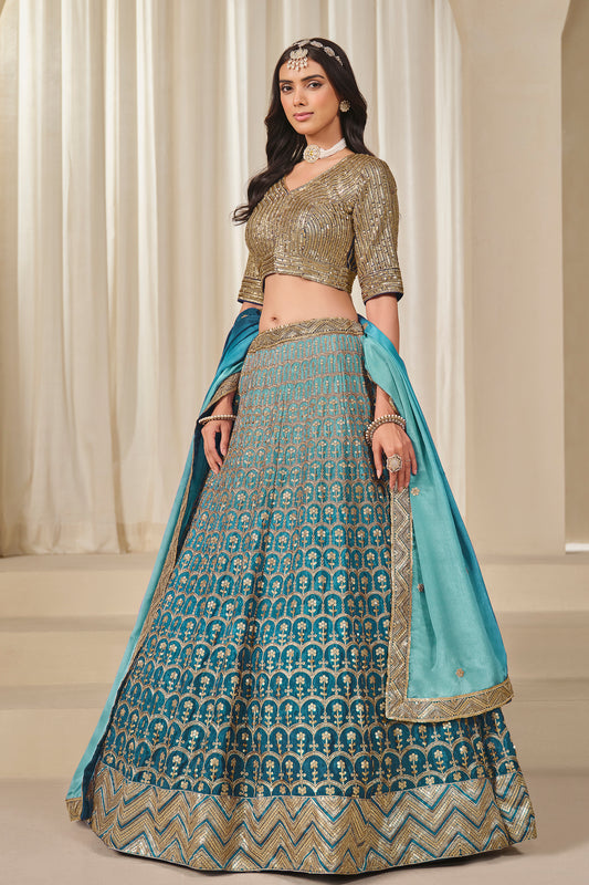 Sky blue lehenga choli full front view with dupatta