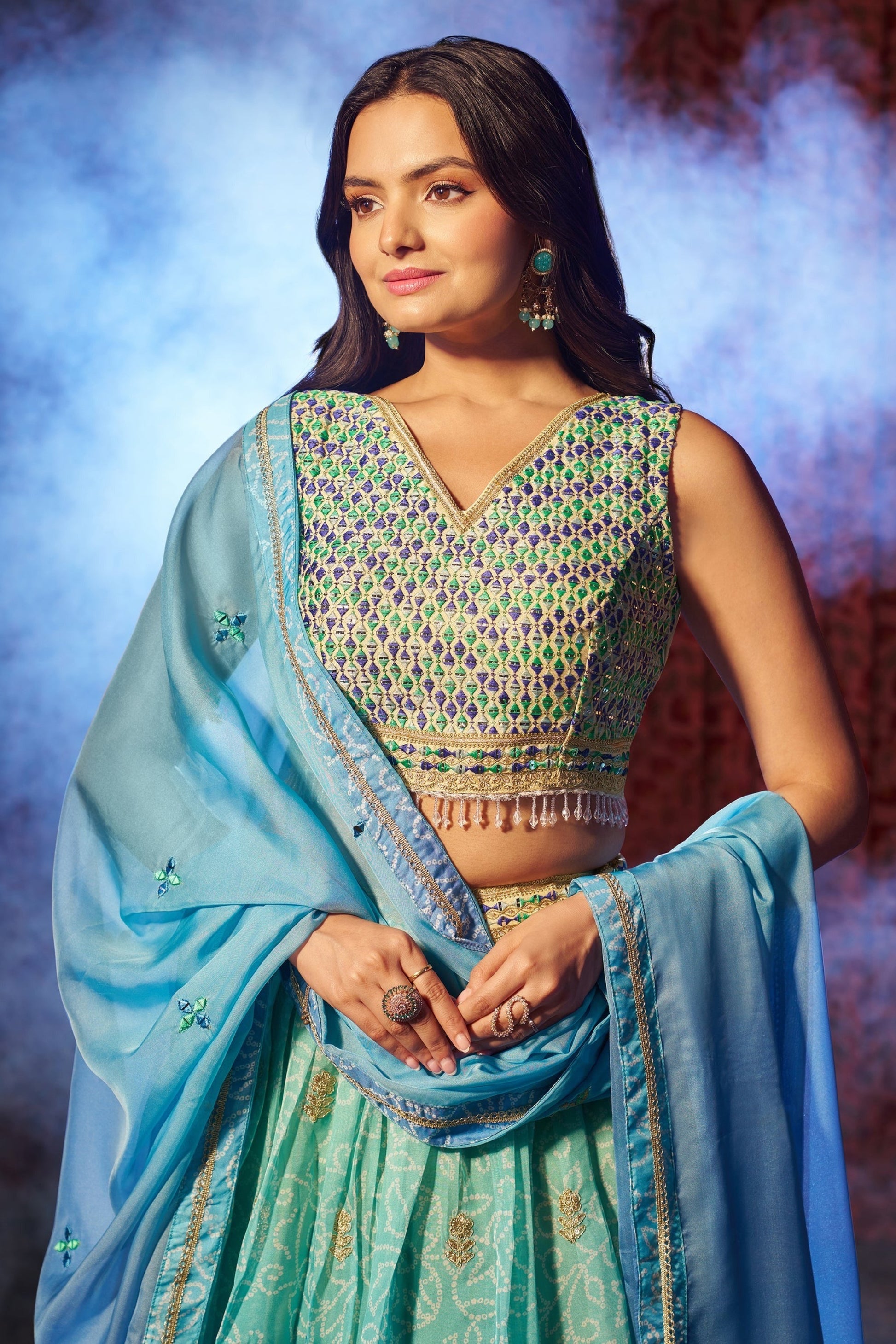 Close-up of digital print on sky blue organza lehenga