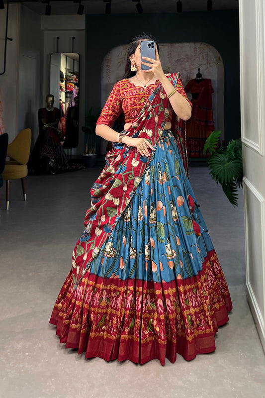 Sky blue lehenga full front view with embroidery detailing