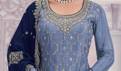 Front angle view of sky blue embroidered plazzo suit