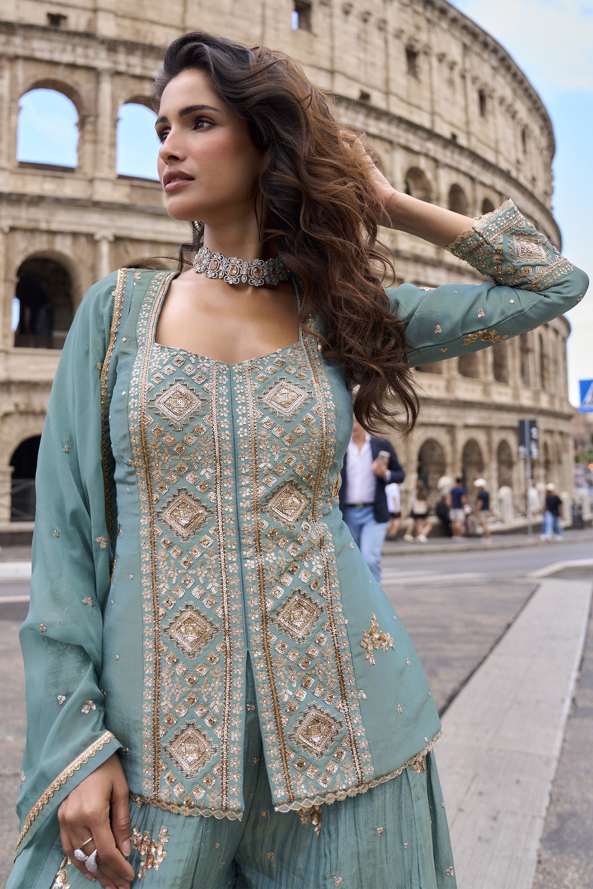 Sky blue plazzo dupatta dress full front view