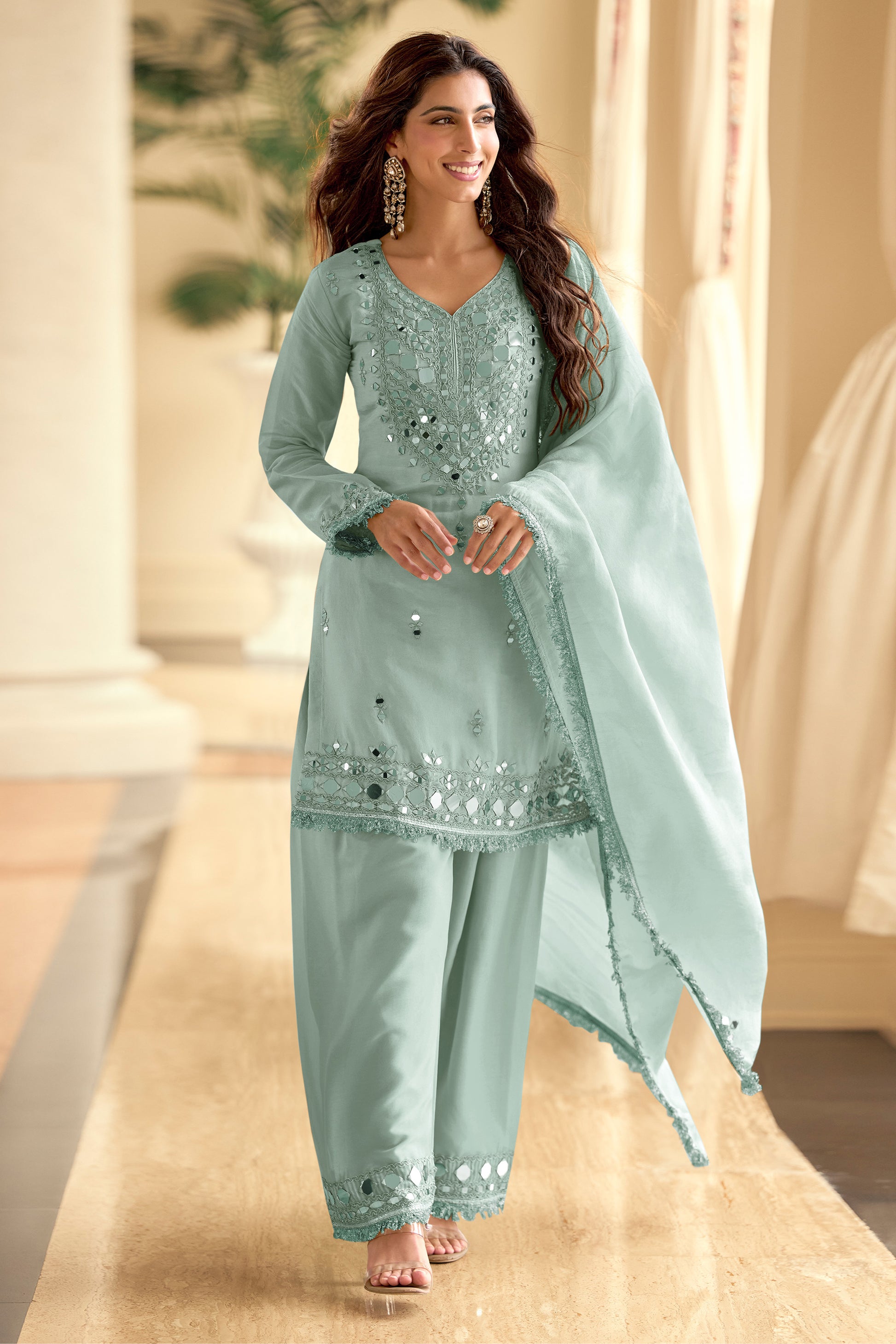 Sky blue plazzo suit full front view