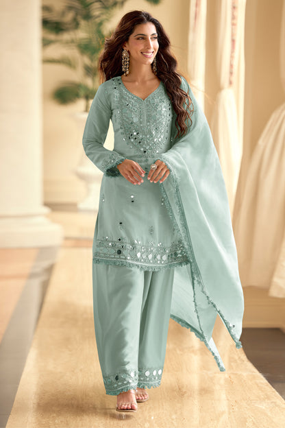 Sky blue plazzo suit full front view