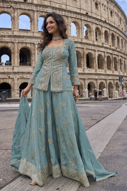 Sky blue plazzo suit full view with coordinated top bottom and dupatta