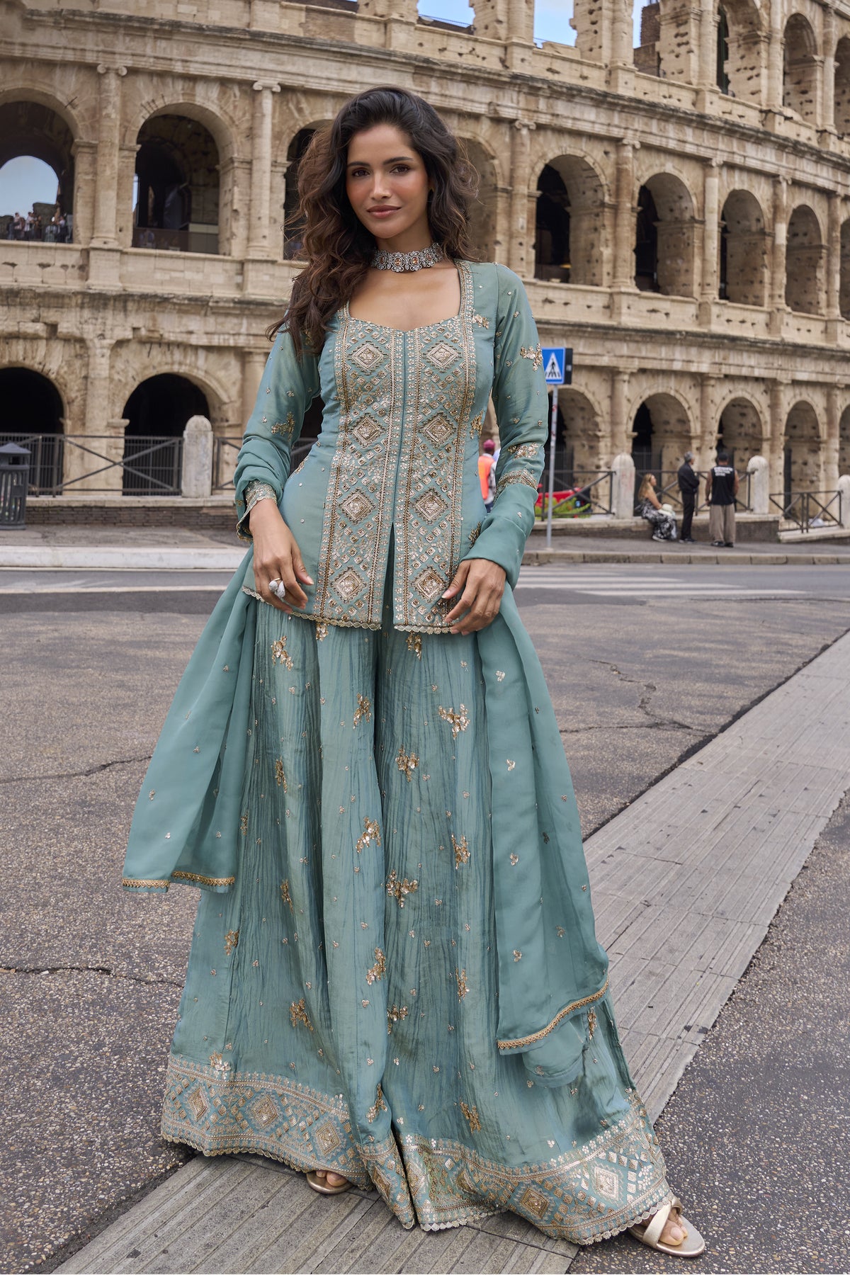 Sky Blue Plazzo Suits front view with embroidered top and dupatta