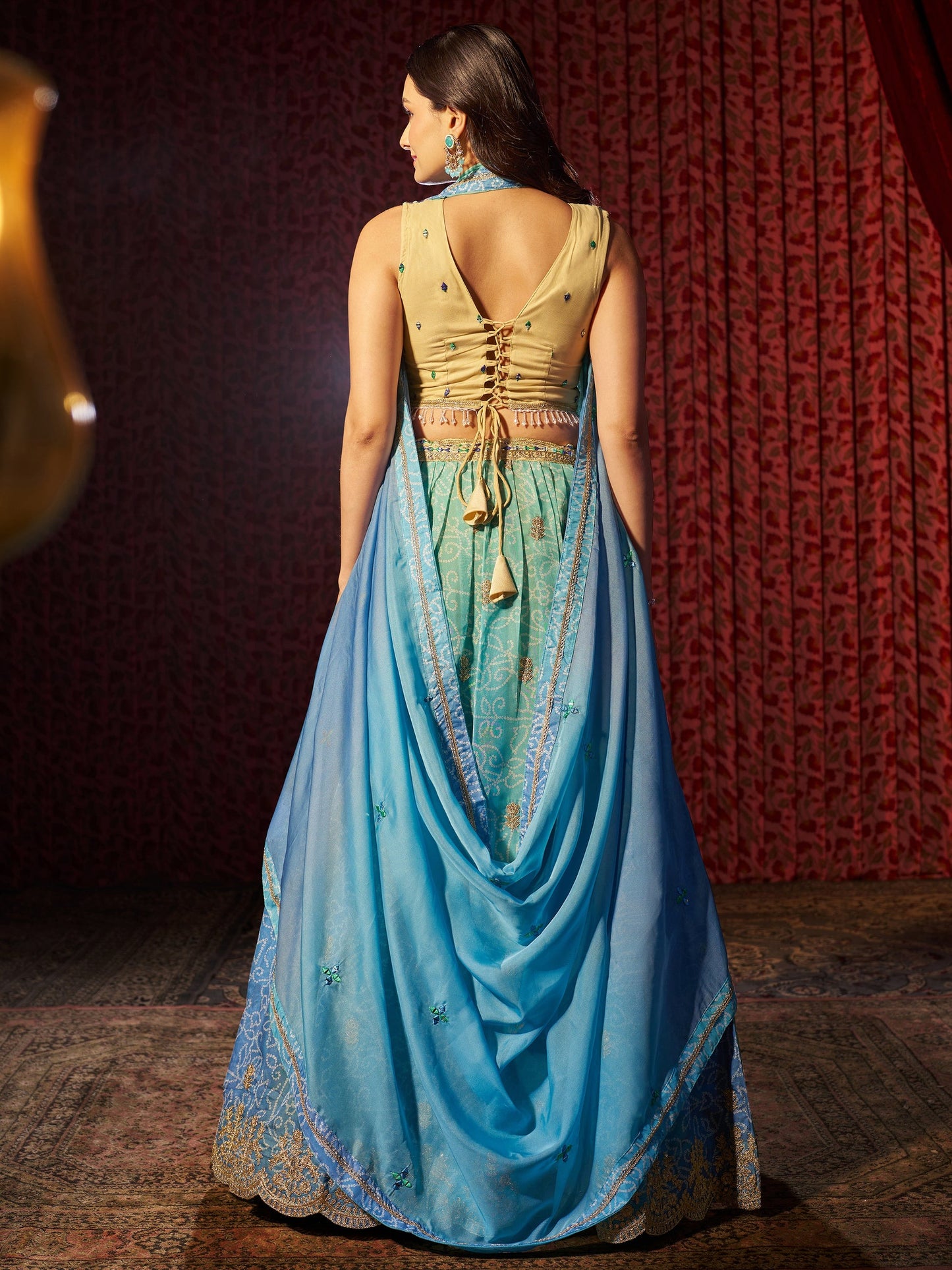 Back view of organza lehenga with soft flare