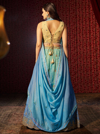 Back view of organza lehenga with soft flare