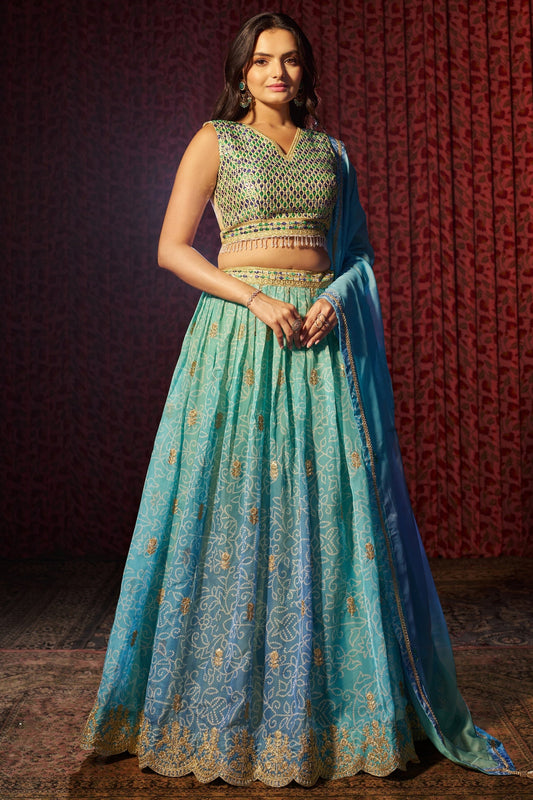 Sky blue reception lehenga full front view with organza flow