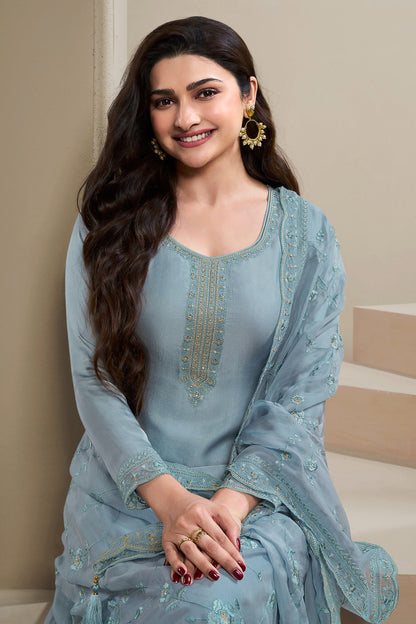 Sky Blue Salwar Suit With Self Pattern Fabric Detail