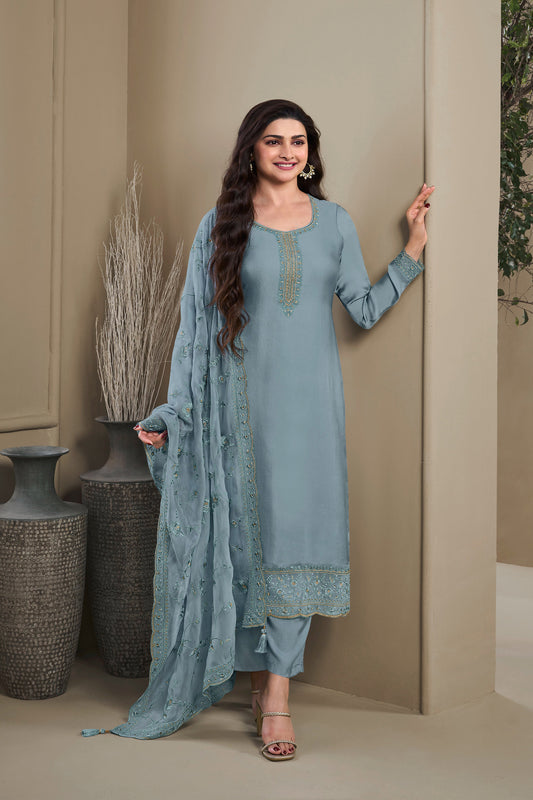 Sky Blue Salwar Kameez With Embroidered Paris Silk Fabric