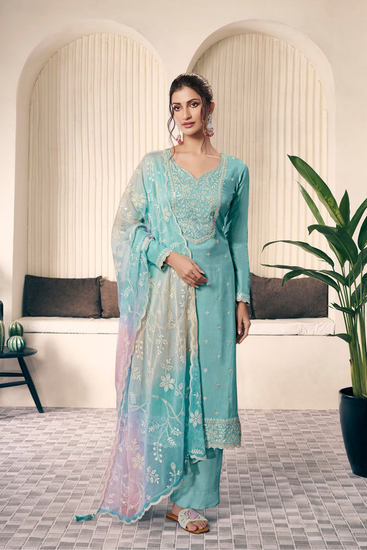 sky blue salwar kurta front view with embroidered detailing