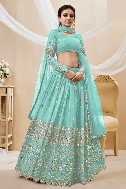 Sky lehenga front view with sequins embroidery detailing