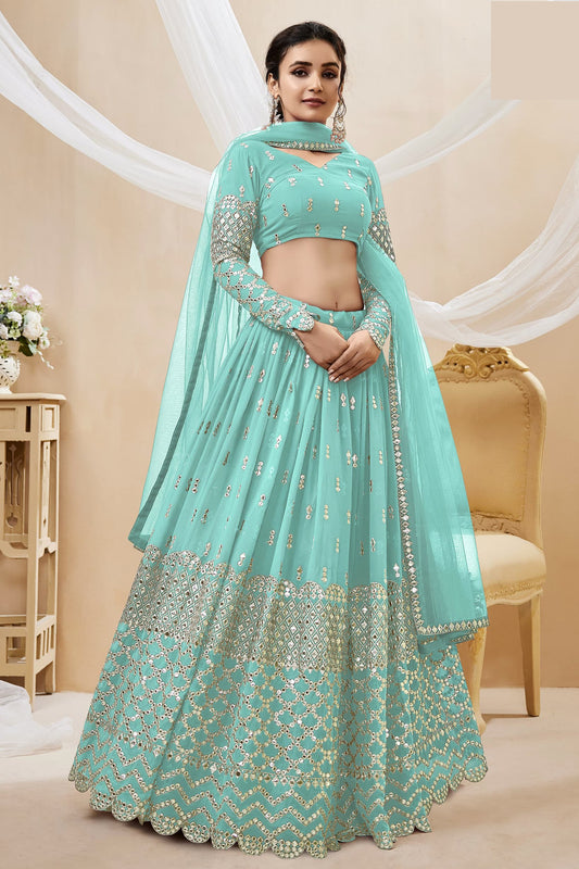 Sky lehenga front view with sequins embroidery detailing