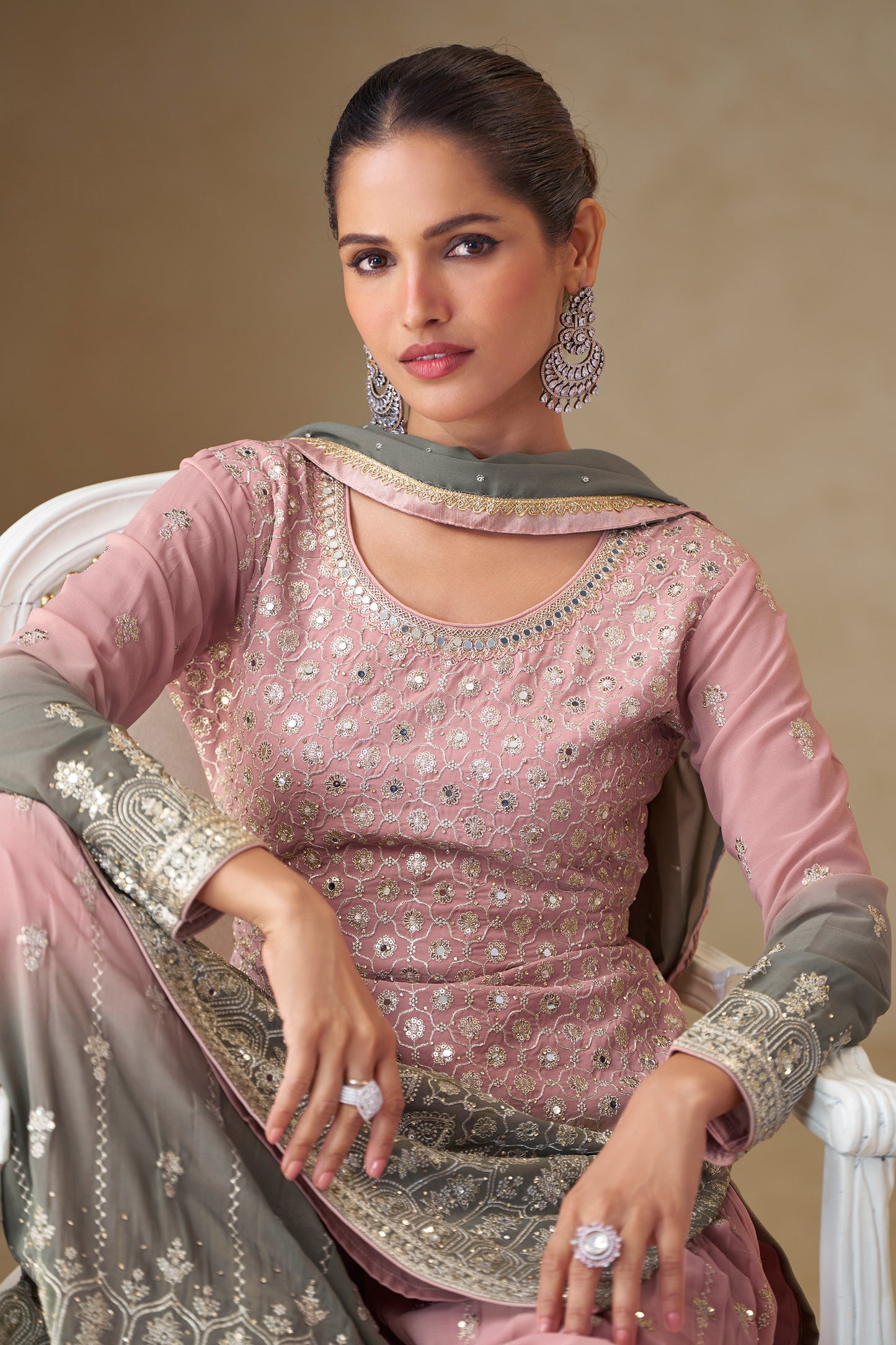 Blush pink embroidered palazzo suit full length view